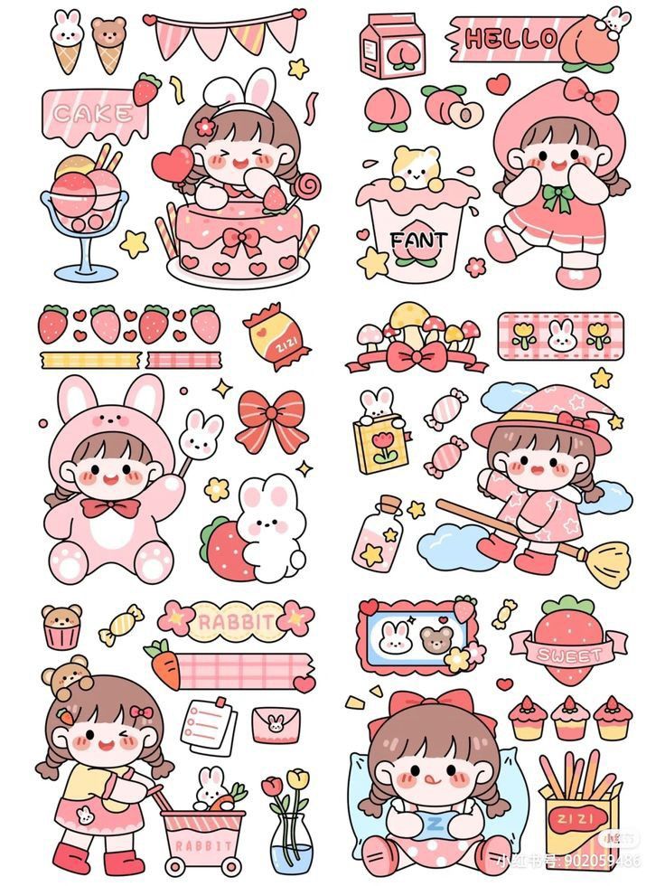 an assortment of stickers with cartoon characters and food items on the bottom, in different colors