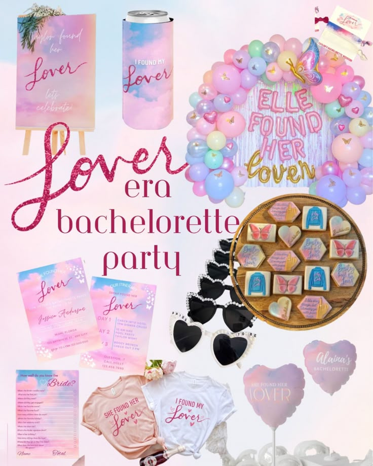 an advertisement for a bachelor party with balloons, cookies and other items in the background