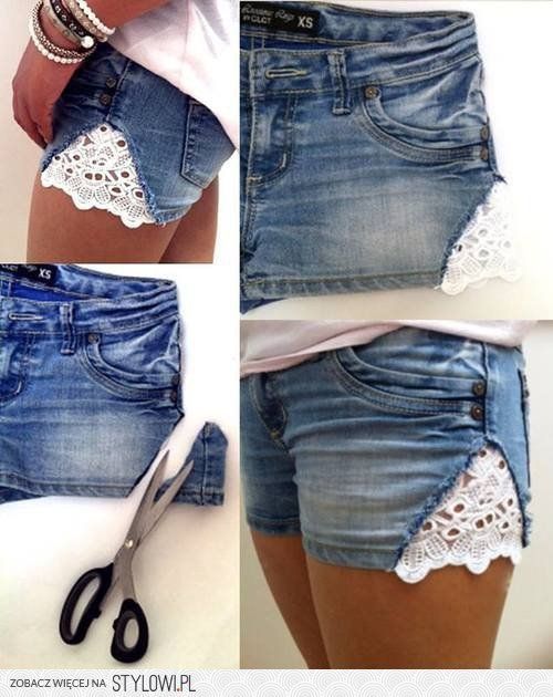 four pictures of shorts with crochet lace on the bottom, and an open pocket at the back