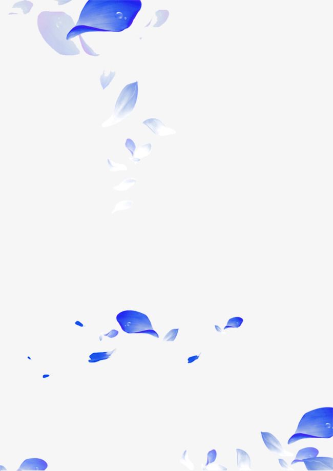 blue and white petals floating in the air on a white background with space for text