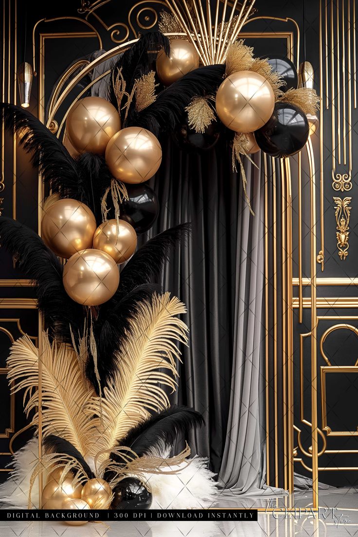 a black and gold party decoration with balloons, feathers, and other decorations on display