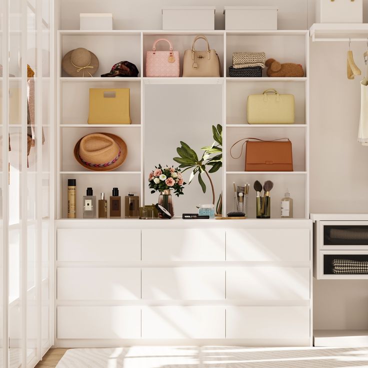 a white shelf filled with lots of different types of purses and handbags on top of it