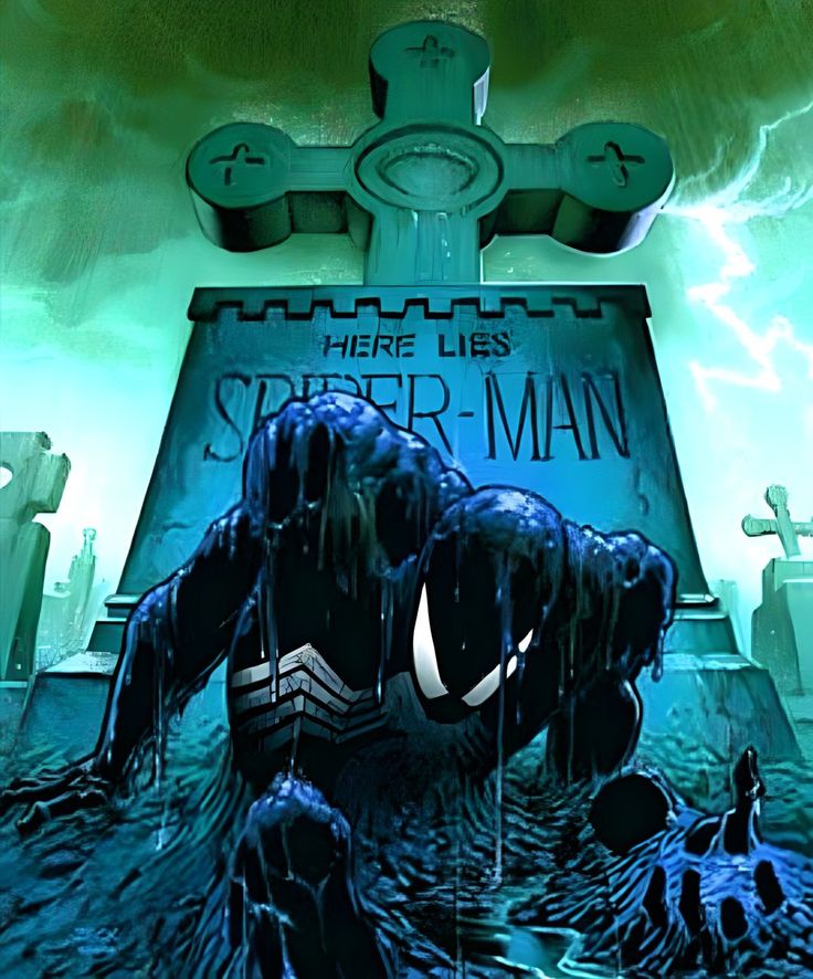 the spider - man is standing in front of a grave with water dripping from it