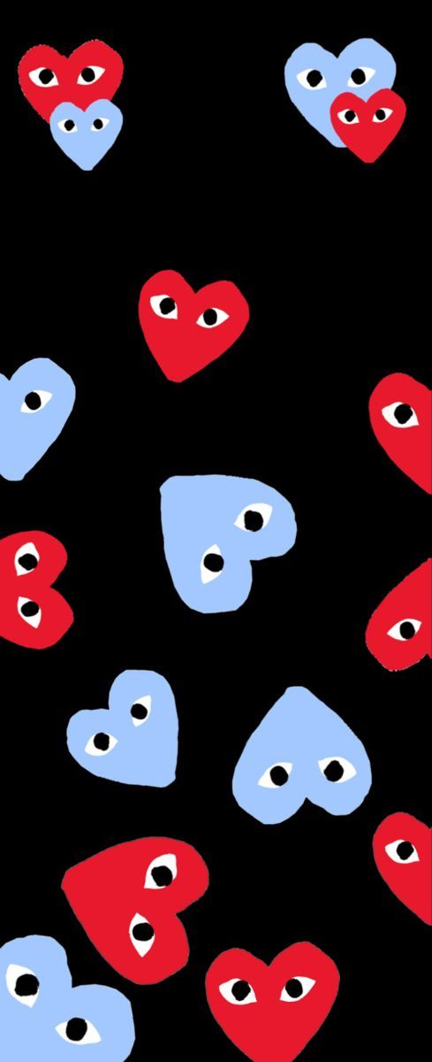 red and blue hearts with eyes on black background