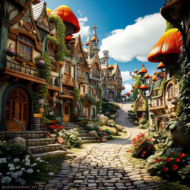 an image of a fantasy village with flowers and trees on the side of the road