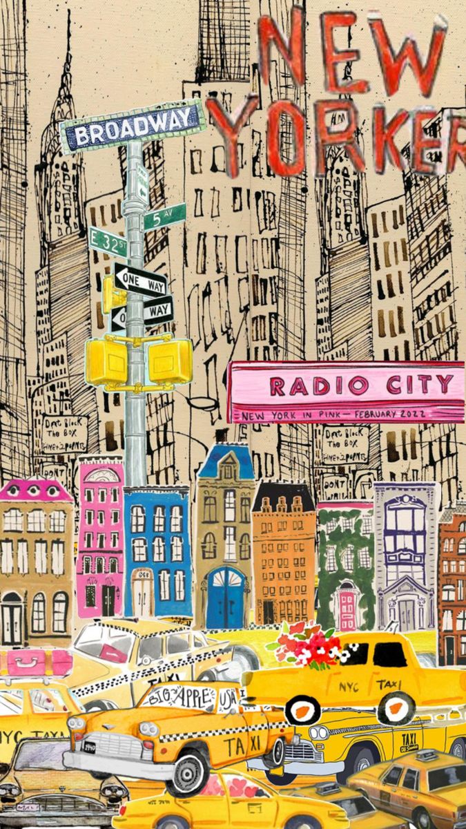 a painting of new york city with taxis and street signs