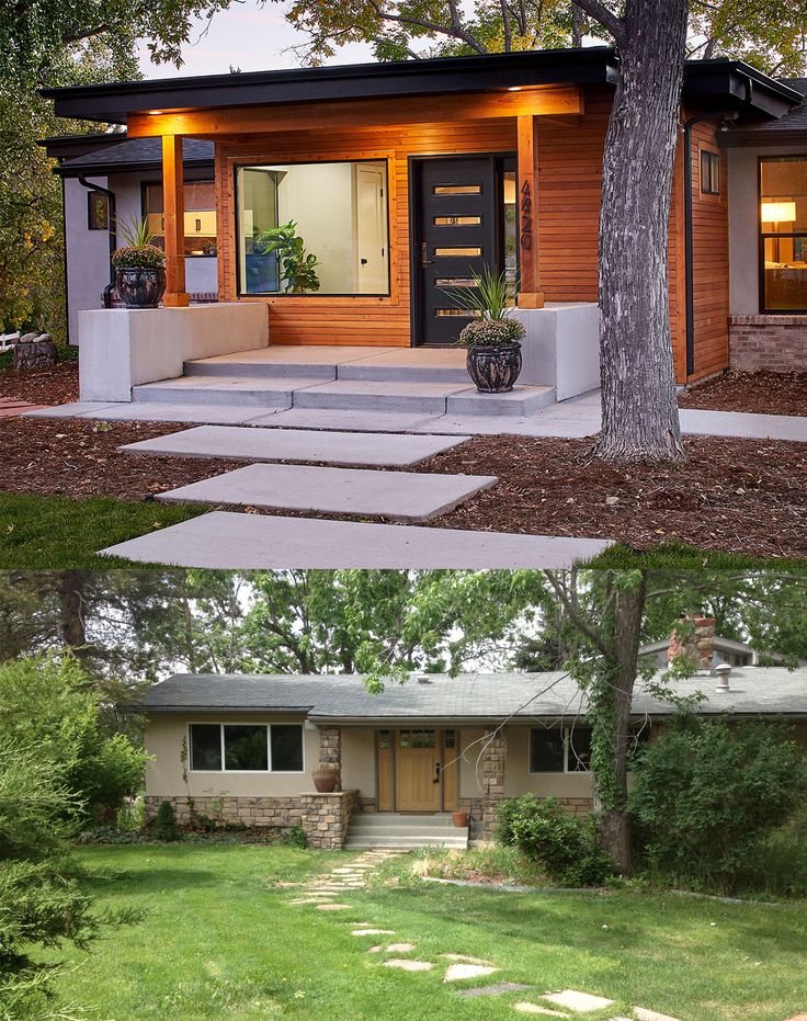 before and after photos of a small modern home in the suburbs, then on the front lawn