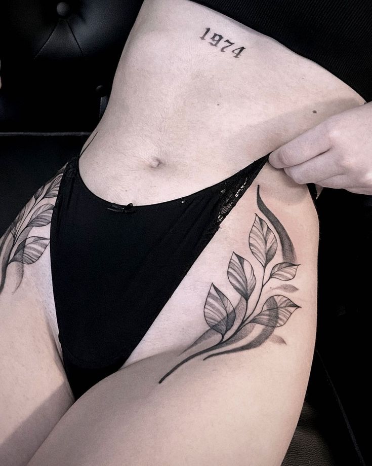 Hip Wrap Around Tattoo, Hip Tattoos Women Large, Leaf Stomach Tattoo, Hip Tattoo Leaves, Hip Leaf Tattoo, Leaves Hip Tattoo, Leaf Hip Tattoos Women, Waist Hip Tattoo, Hip Leaves Tattoo