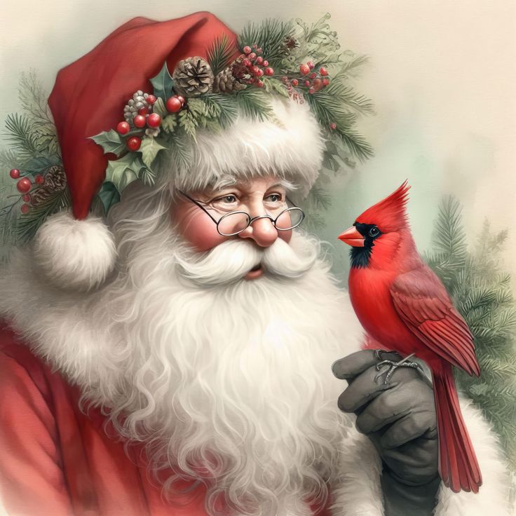 a painting of santa claus holding a cardinal