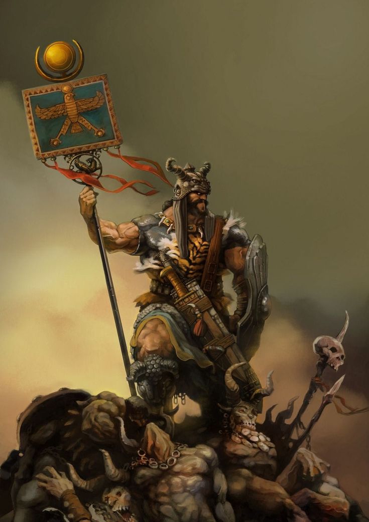 a painting of a man with a horned head holding a flag on top of a rock