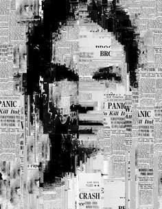 a man's face made out of newspapers and newspaper clippings in black and white