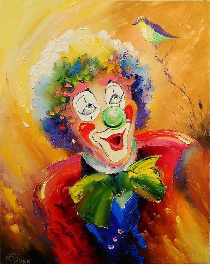 an oil painting of a clown with green hair