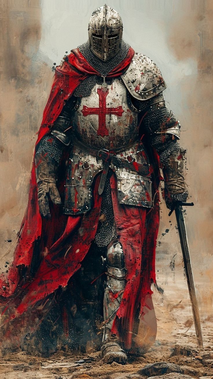 a painting of a knight in full armor with a red cape and cross on his chest