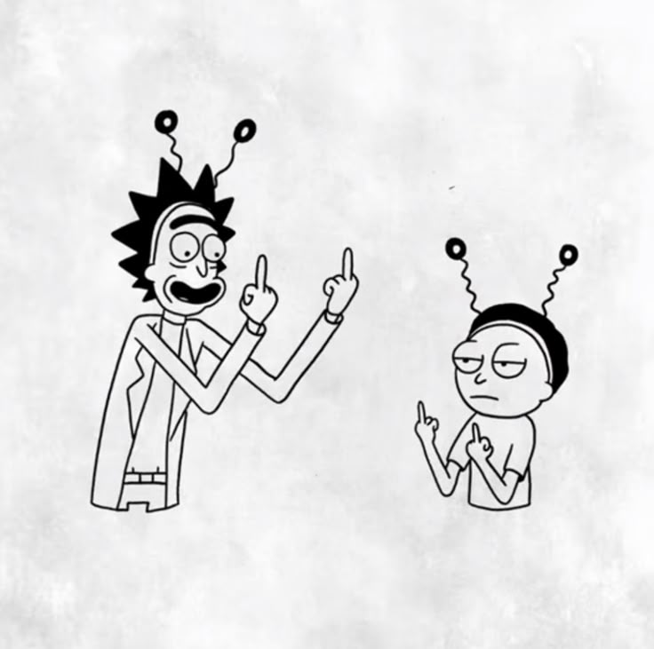 two cartoon characters with one pointing at the other's head and holding their fingers up