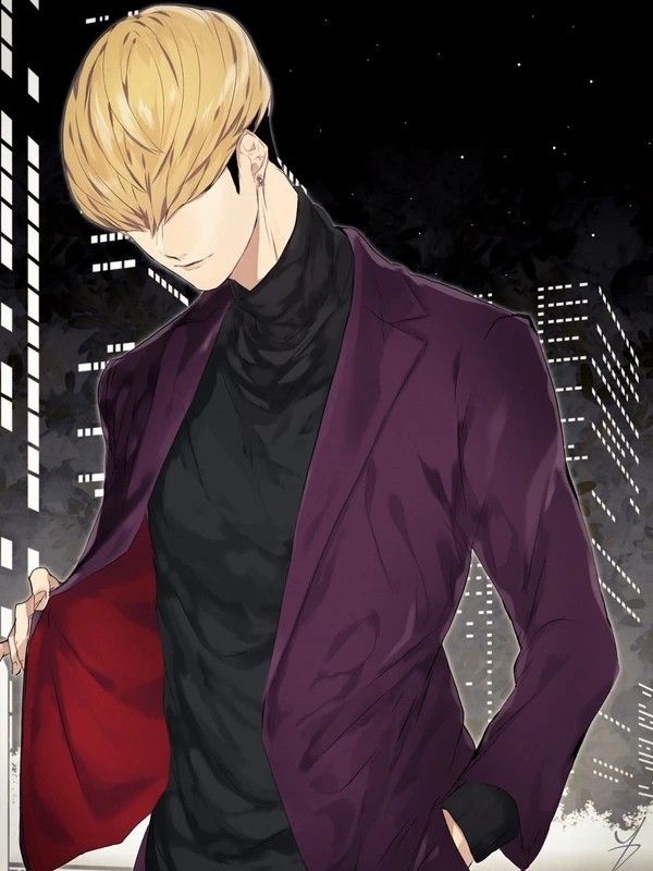 a man with blonde hair wearing a purple jacket and black shirt standing in front of a cityscape