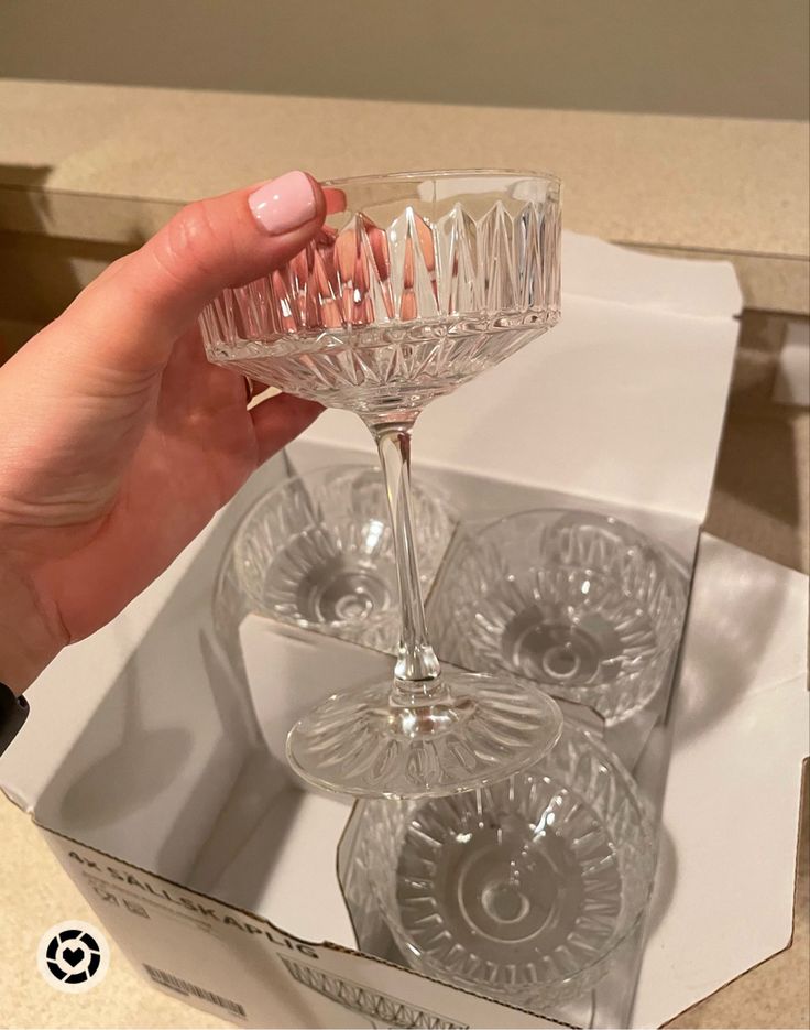 a person holding a wine glass in front of a box with two empty glasses on it