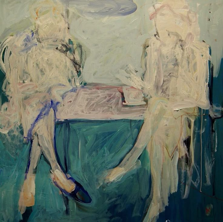 a painting of two women sitting on a bench