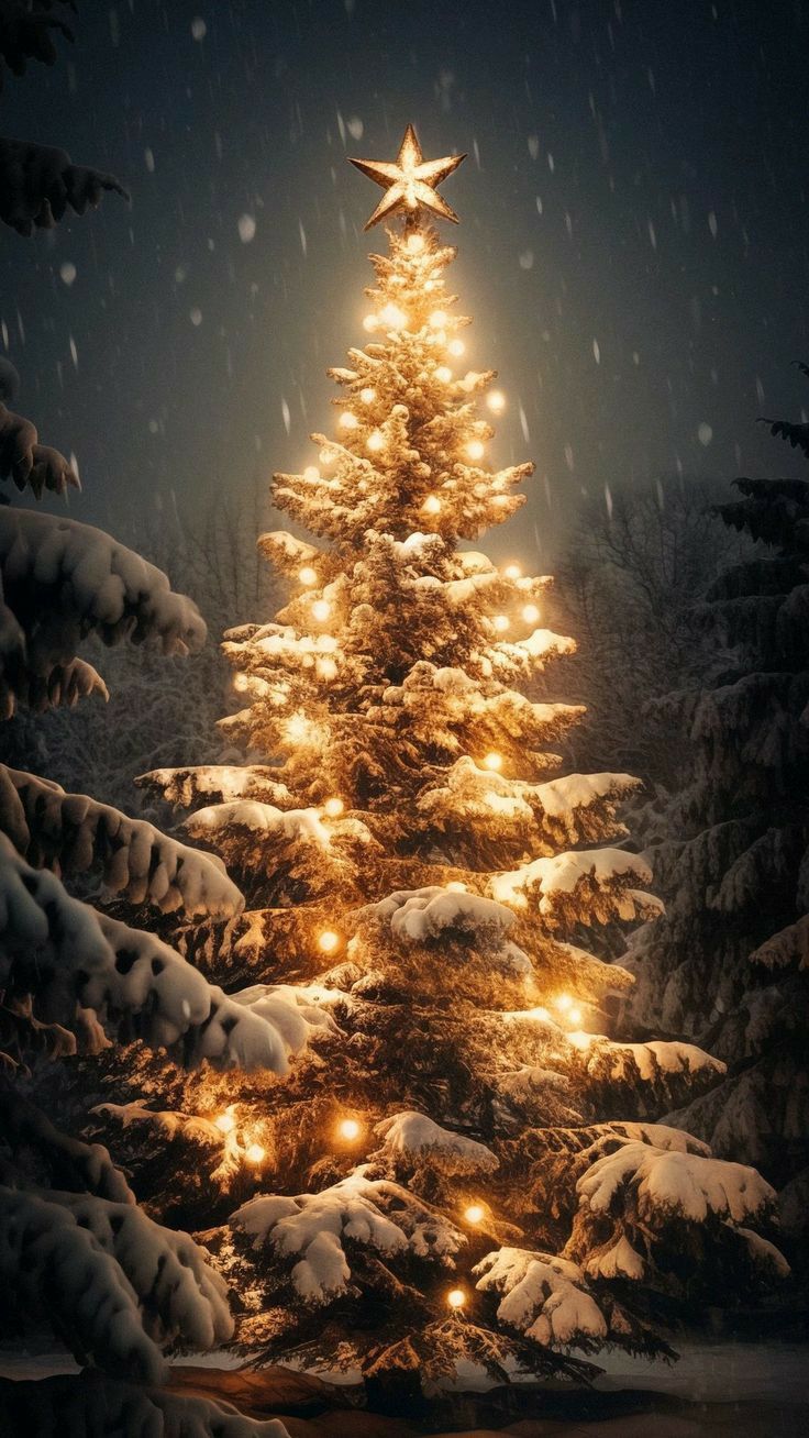 a christmas tree with lights in the snow