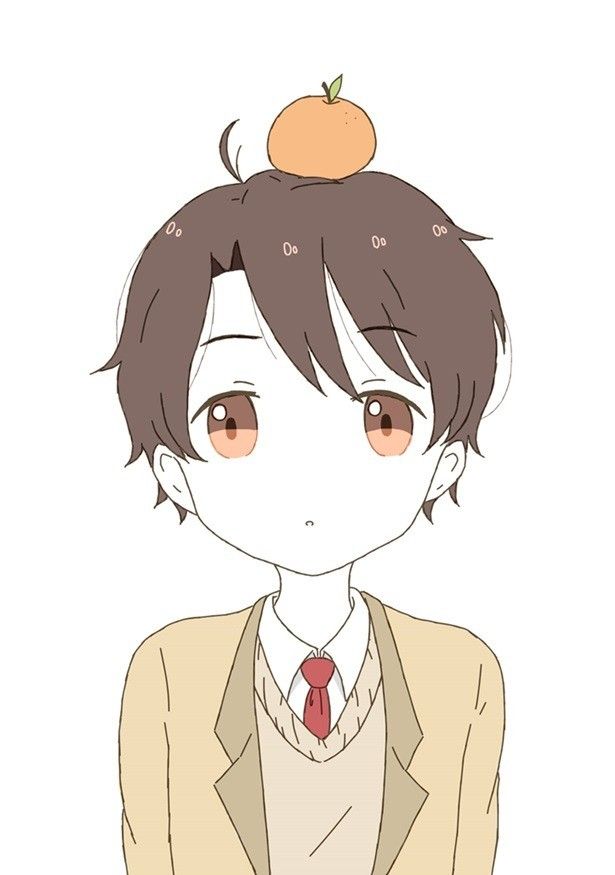 an anime character wearing a suit and tie with a orange on top of his head