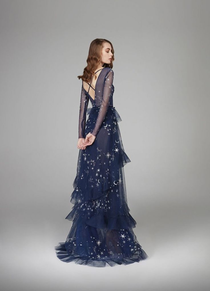 18 Galaxy Themed Wedding Dresses | Bespoke-Bride: Wedding Blog Night Stars Dress, Celestial Black Dress, Celestial Wedding Aesthetic, Feyre Dress, Hamda Al Fahim, Winter Couture, Celestial Dress, Stars Dress, 2019 Couture