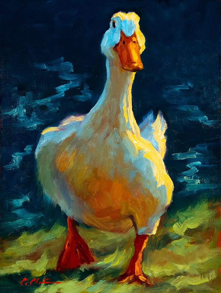 a painting of a duck standing in the grass