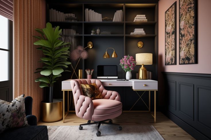 a pink chair sitting in front of a desk