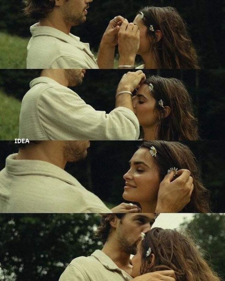 the man is fixing the woman's hair