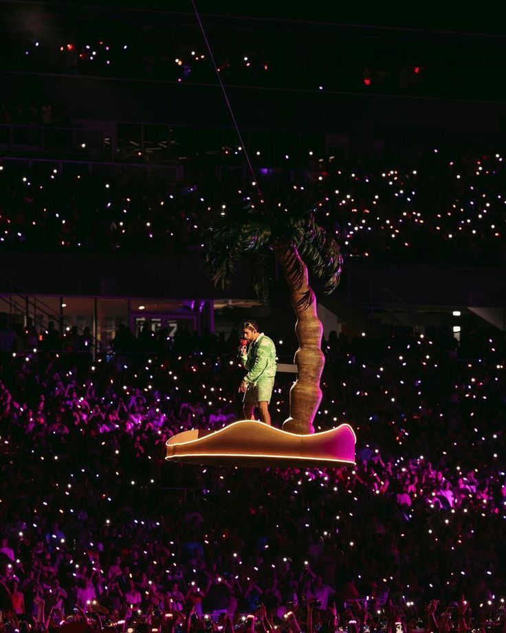 a man standing on top of a giant piece of wood in front of a crowd