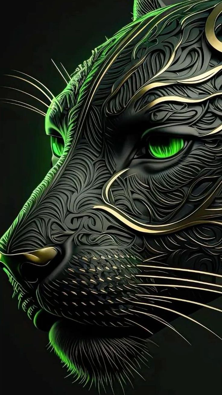 a green and black tiger's head with gold accents on its face, against a dark background