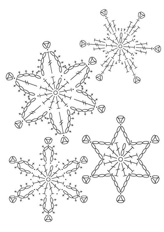 three snowflakes are shown in black and white, one is drawn with lines