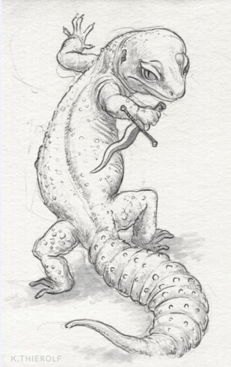 a pencil drawing of a lizard with an insect on it's back