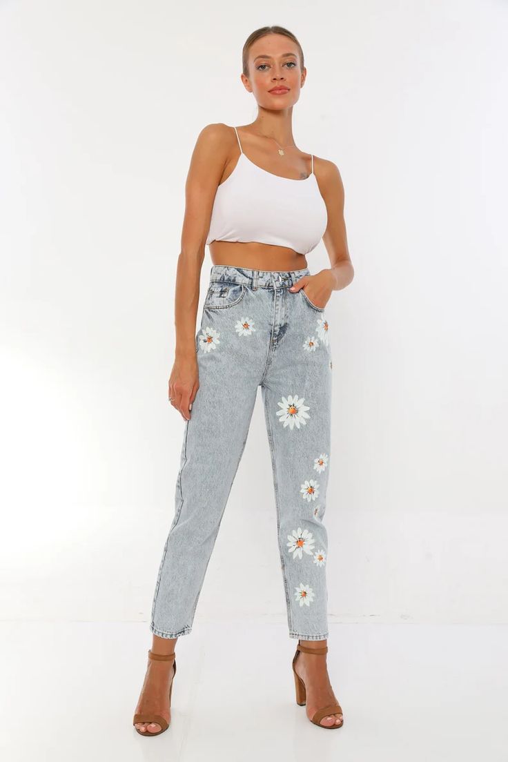 Women's High Waist Floral Custom Hand Painted Mom Jeans | Etsy Mom Jeans With Design, Spring Denim Blue Tapered Leg Bottoms, Summer High Waist Light Wash Cropped Jeans, High Waist Light Wash Cropped Jeans For Summer, Spring Cotton Mom Fit Bottoms, Spring Mom Fit Cotton Bottoms, Spring Denim Pants With Tapered Leg, Spring Denim Tapered Leg Pants, High Waist Light Blue Pants For Spring