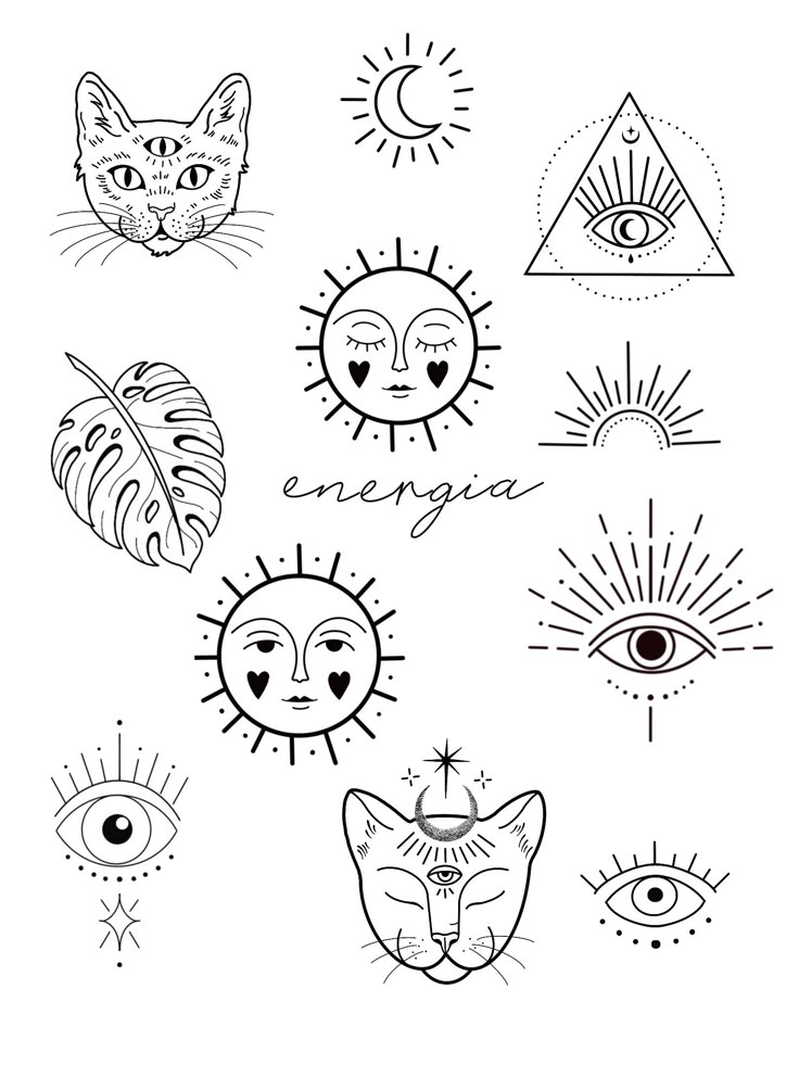 an image of the sun, moon and other things in black ink on white paper