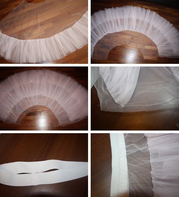 four pictures show how to make a tulle skirt