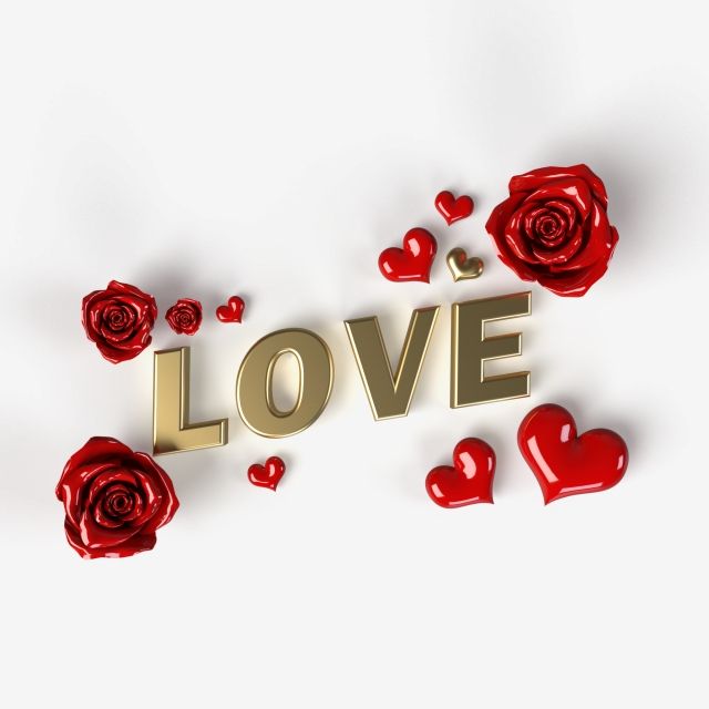 the word love surrounded by red roses and hearts on a white background with gold letters