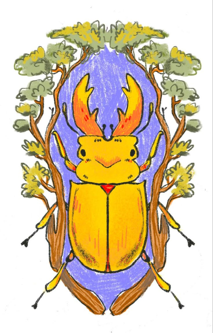 a drawing of a bug with trees in the background