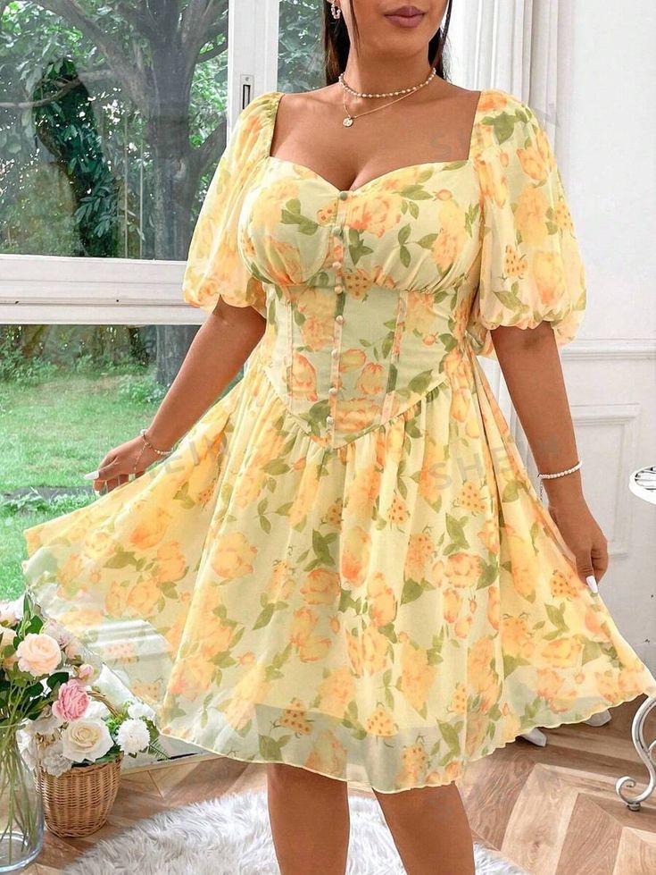 SHEIN MOD Plus Size Women's Summer Romantic Floral Print Sweetheart Neckline Short Puff Sleeve Slimming Bodice V Waist Dress | SHEIN USA Plus Size Princess, Rush Week Outfits, Tea Party Outfit, Plus Size Short Dresses, Cottage Core Dresses, Rush Outfits, Romantic Floral Print, Short Puff Sleeve, Chiffon Floral