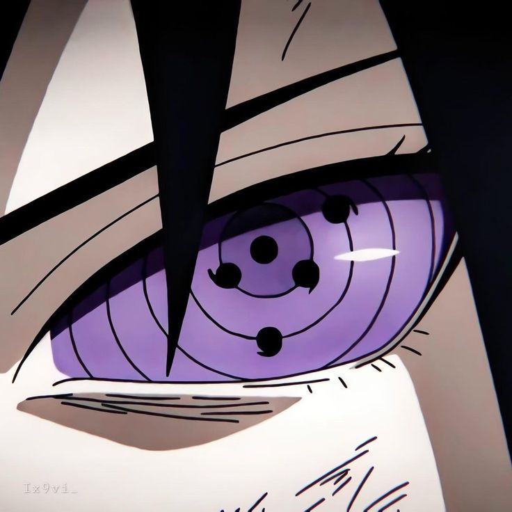 an anime character's purple eye with black dots on it