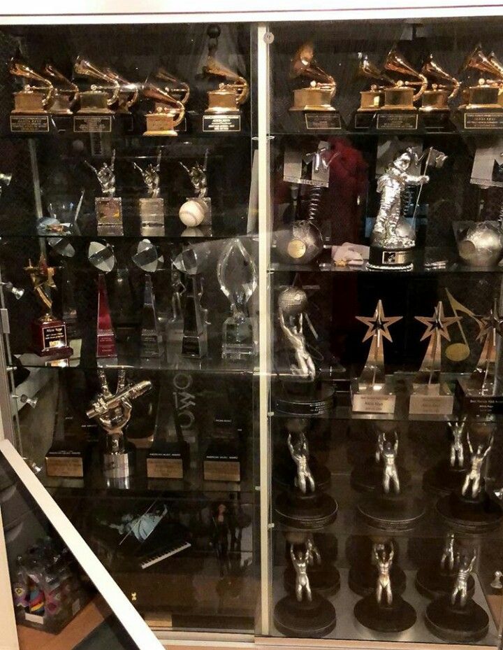 a display case filled with lots of trophies