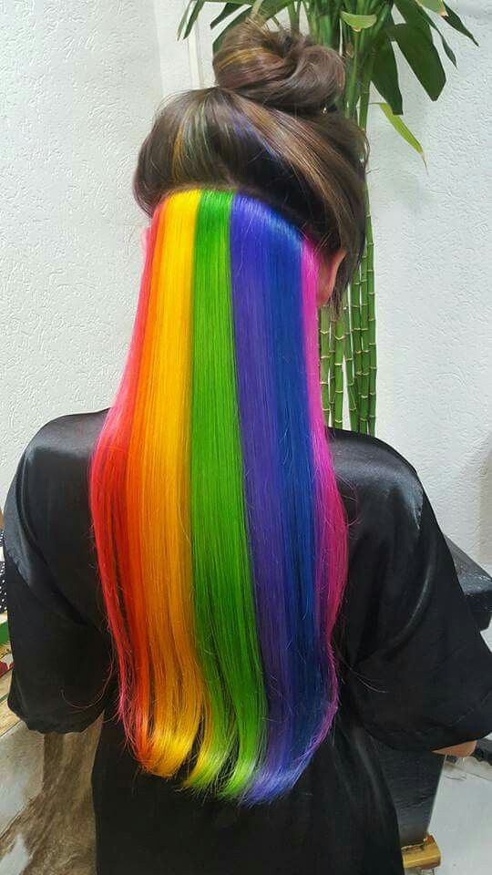 Black And Rainbow Hair, Hidden Hair Color, Peekaboo Hair Colors, Underlights Hair, Best Hair Dye, Split Dyed Hair, Hair Color Underneath, Peekaboo Hair, Rainbow Hair Color