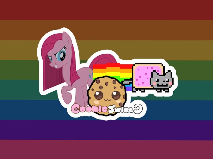 an image of a pinkie pie and cookie monster sticker on a rainbow striped background