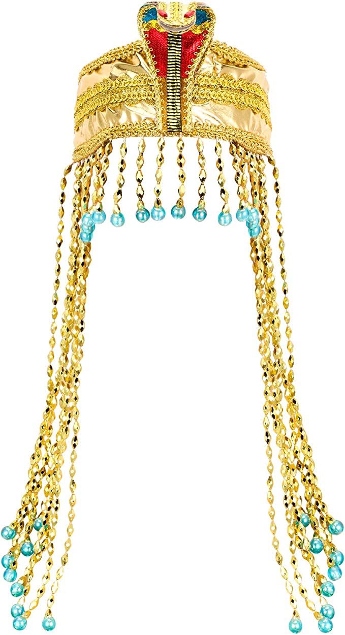 an elaborate headpiece with many beads and chains on the sides, hanging from it's side