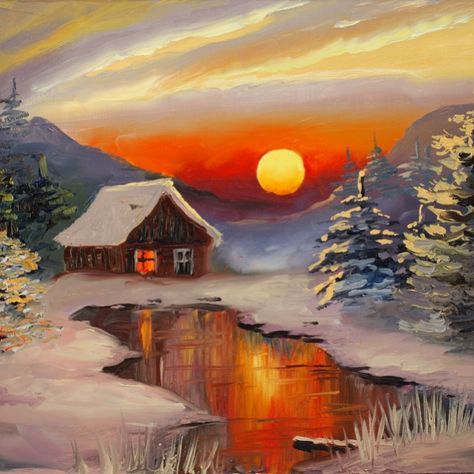 an oil painting of a cabin in the woods at sunset with snow on the ground