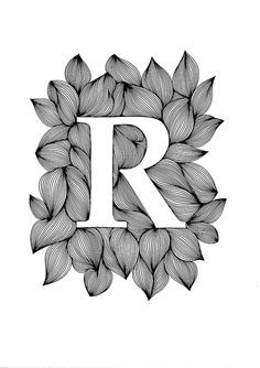 the letter r is made up of leaves and has been drawn in black and white