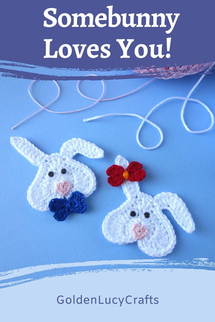 crochet bunny applique with text that reads, somebunn loves you crochet heart bunny applique