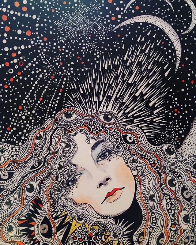 a drawing of a woman with long hair and stars above her head in the night sky