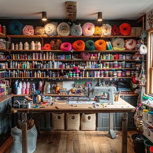 a sewing room filled with lots of different colored spools