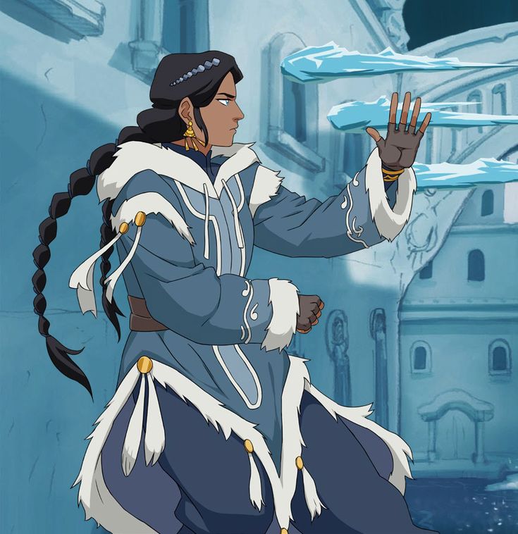 an animated woman in blue and white outfit holding up her hand to the sky with snow on it