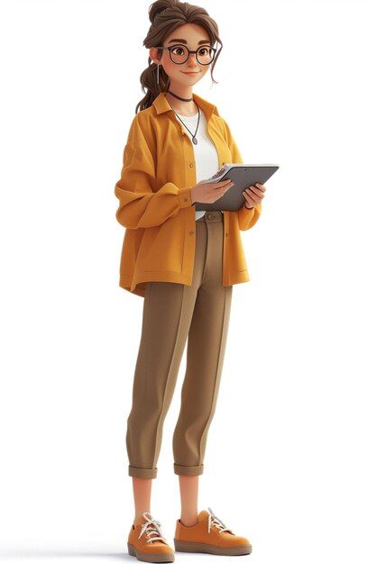 a woman in glasses is holding a tablet and looking at the camera while standing on a white background