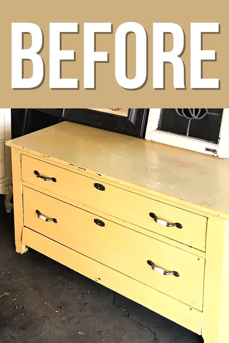 a yellow dresser with the words before on it